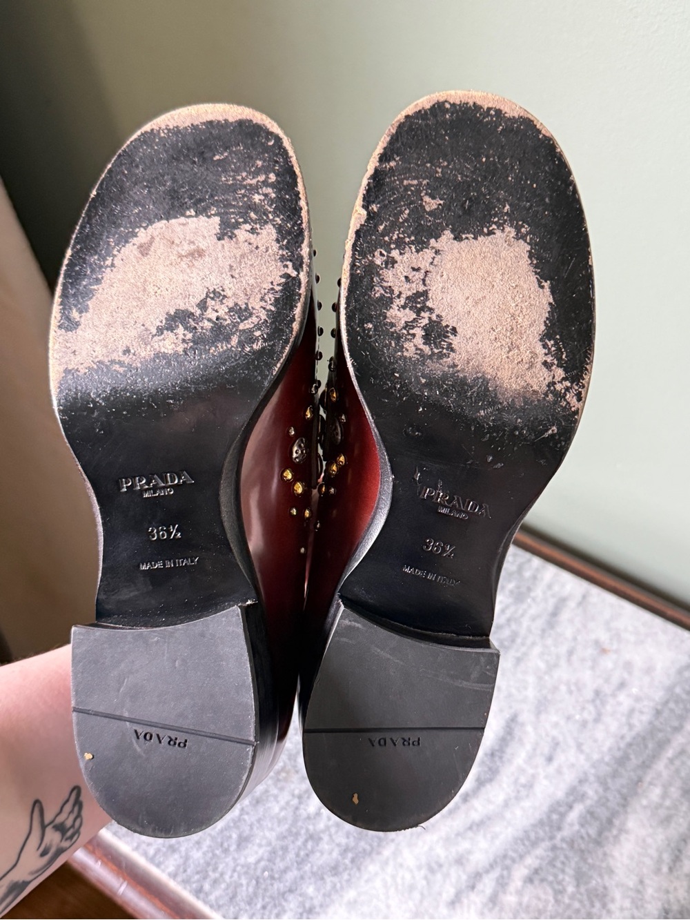 Prada Brown Leather Studded Loafers - Size 36.5 - Picture 7 of 8